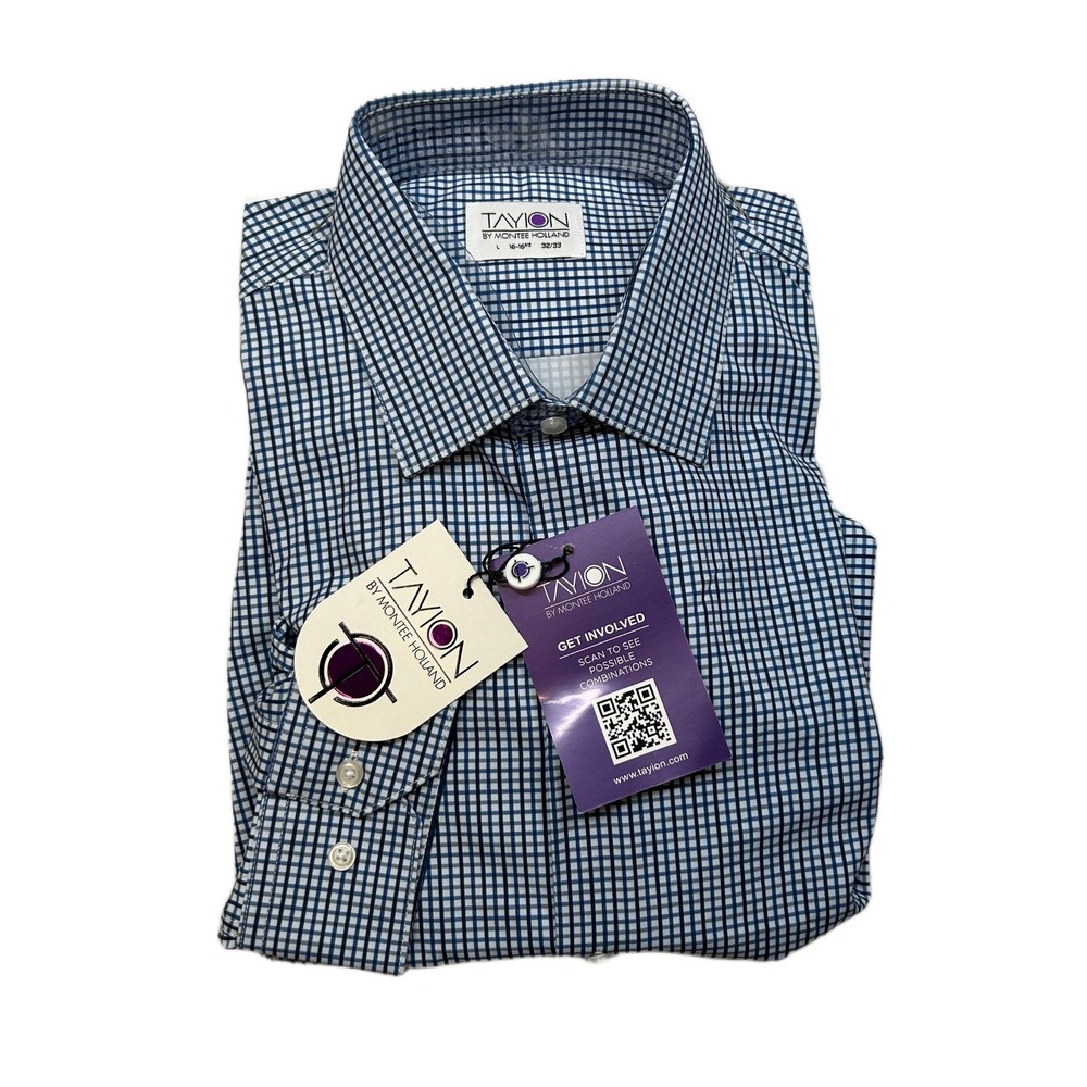 Tayion Collection Slim-Fit Check Dress Shirt Mens Large 16-16.5 32/33 Blue NEW‎
